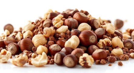 Wall Mural - A pile of hazelnuts and pecans on a white surface