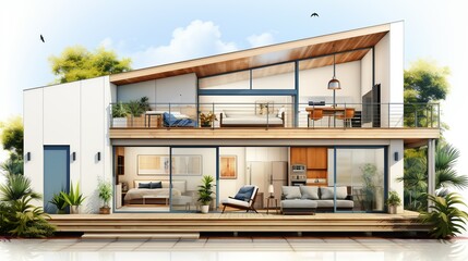 Sticker - Interior layout of a small minimalist house with open-plan living space, large windows allowing natural light, and minimal furnishings, illustrated against a white background. Clipart Flat color