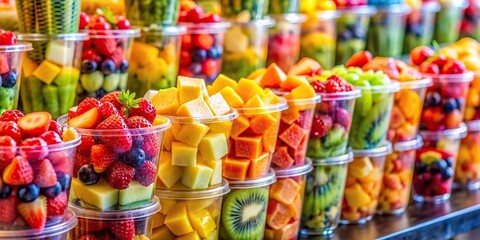 Wall Mural - Fresh and colorful fruit salad packs displayed at a vibrant fruit kiosk in a wallpaper background, healthy, food, fruit