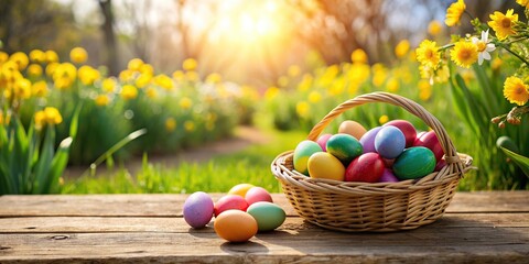 Wall Mural - Multicoloured Easter eggs in a basket on a wooden table in a blooming garden , Easter, eggs, basket, wooden table