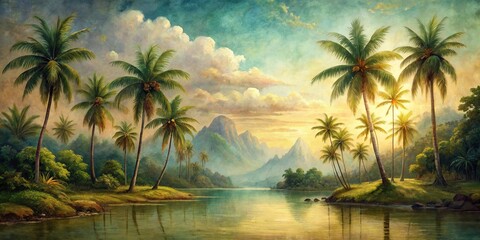 Vintage style painting of a serene tropical landscape with palm trees and mountains , tropical, serene, vintage