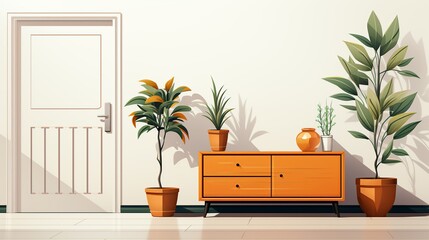 Poster - The entrance hallway of a small minimalist house with sleek storage solutions, clean lines, and a functional layout, depicted against a white background. Clipart Flat color illustration, Isolate on