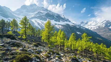 Wall Mural - Young evergreen trees thrive on the rugged mountainside amid snowy peaks during the spring