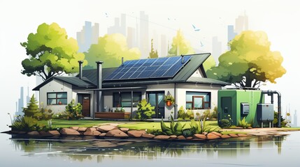 Poster - Small minimalist house with a rainwater harvesting system and a green roof, emphasizing sustainable living, depicted against a white background. Clipart Flat color illustration, Isolate on white