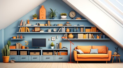 Poster - Storage solutions in a small minimalist house, including built-in shelves and cabinets, designed to maximize space, isolated against a white background. Clipart Flat color illustration, Isolate on