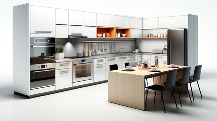 Poster - Kitchenette in a small minimalist house with integrated appliances, streamlined cabinetry, and efficient use of space, isolated on a white background. 3d Clipart, Isolate on white background, Center