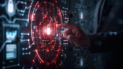 Wall Mural - businessman pointing with cybersecurity icon and technological business data network. ensuring data 