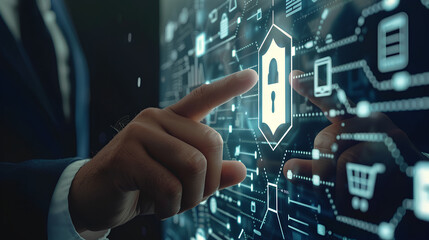 Wall Mural - businessman pointing with cybersecurity icon and technological business data network. ensuring data 