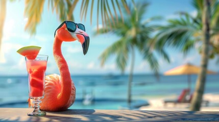 Wall Mural - Bright flamingo bird in sunglasses with cocktail on the beach , pool , palm trees 