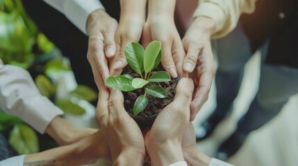  Business people hold plant together , ecology concept