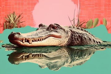 Wall Mural - Minimal Collage Retro dreamy of alligator reptile animal crocodile.