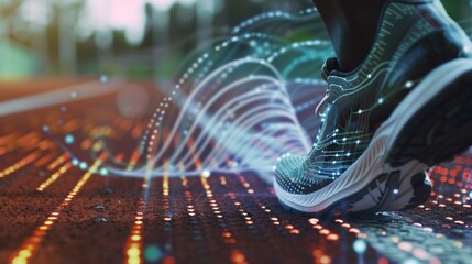 Close up of a runner shoes on a track with a holographic digital wave and data visualization background, depicting technology in sport.