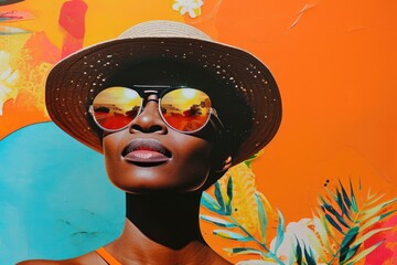 Wall Mural - Minimal Collage Retro dreamy of black woman sunglasses portrait adult.