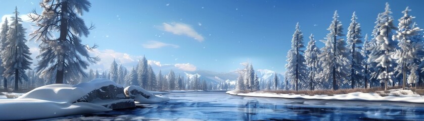 Wall Mural - A snowy landscape with a river and trees