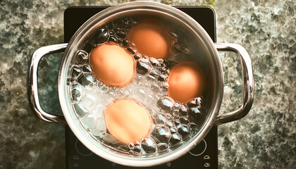 Hot water, boiling, top, bubble, boil, simmer, water, hot, evaporation, steam, pot, egg, cooking, close-up