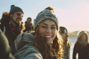 Wall Mural - Group of friends having fun on the beach during winter holidays. Focus on woman