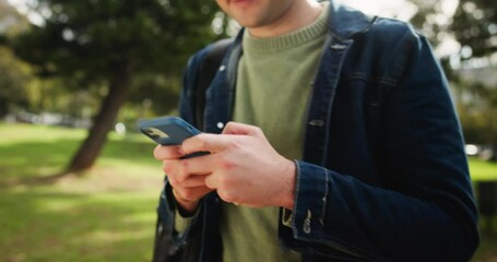 Canvas Print - College student, hands and man with phone in campus park with social media, chat or location search. University, smartphone and student with app for elearning tutor, research or scholarship sign up