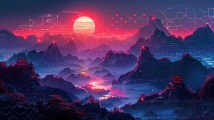 Wall Mural - Cyberpunk Mountain Landscape with a Red Sun