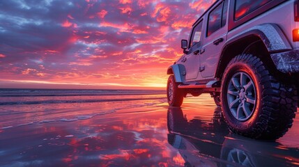 Wall Mural - Jeep at Sunset on a Beach