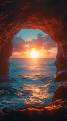 Poster - Stunning Sunset Photograph Captured Through a Stunning Sea Cave with Majestic Views
