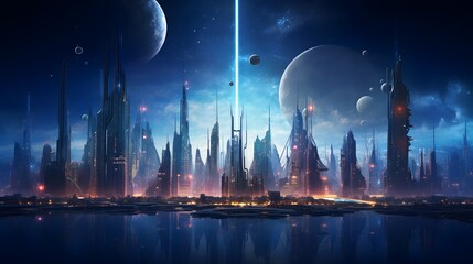 Poster - Futuristic Cityscape at Night with Towering Skyscrapers,Flying Cars,and Neon Lights on Starry Sky