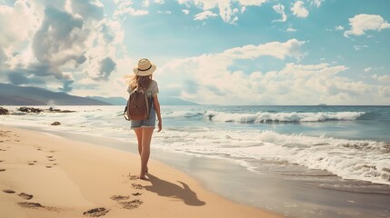 Back view of unrecognizable female traveler in casual clothes walking on sandy beach near waving sea against cloudy sky during vacation : Generative AI