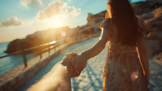 Couple summer vacation travel Woman walking on romantic honeymoon promenade holidays holding hand of husband following her view from behind focus on woman : Generative AI