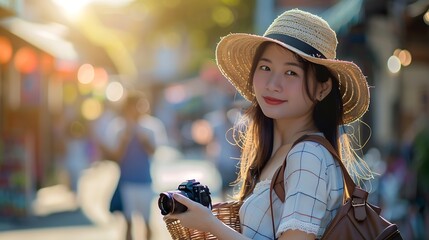 Portrait of young asian woman traveler with weaving hat and basket and a camera standing by the street Journey trip lifestyle world travel explorer or Asia summer tourism concept : Generative AI