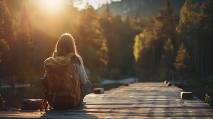 Girl traveler with backpack enjoy mountain nature sitting on wooden bridge Cheget KabardinoBalkaria Russia : Generative AI