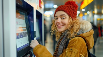 A young woman in winter attire smiles as she interacts with an automated ticket vending machine at a train station