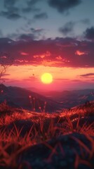 Poster - Beautiful scenic view of a fiery sunset setting behind the distant hills