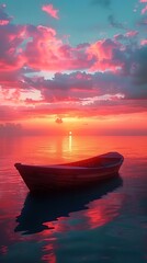 Wall Mural - Solitary boat silhouette set against a vibrant sunset sky, creating a breathtaking scene.