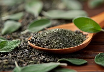 Wall Mural - A close-up of a wooden bowl full of green leaves and stems on a table.