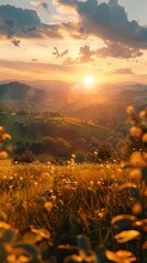 Wall Mural - Serene sunrise over picturesque rolling hills in the countryside
