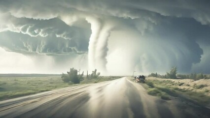 Sticker - A powerful tornado moves under the road. Catastrophic natural phenomenon.