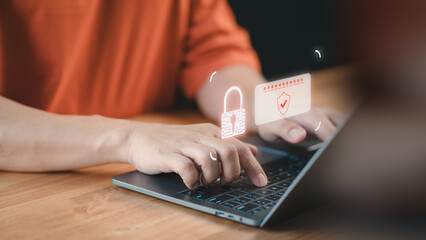 Man use a laptop computer type the username and password. User privacy security and protect personal data internet network. Cyber ​​security and digital data protection technology concept.