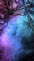 Wall Mural - Abstract composition of textured sheer fabric in black smoke-like curls, on a smoky pink, purple and blue hazy background