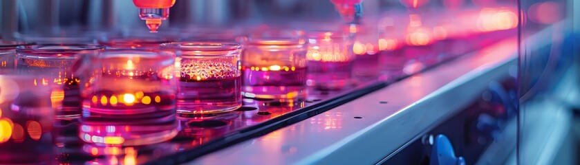 Wall Mural - High-Tech Laboratory Equipment with Colorful Liquid Samples in Glass Containers Undergoing Analysis in a Modern Scientific Research Facility