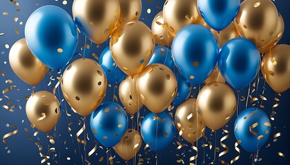Wall Mural - Dark Gold Balloons and Confetti on Blue Background - Birthday Party and Celebration Invitation