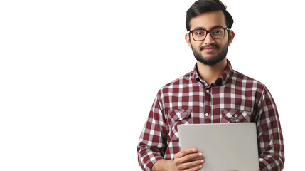 Wall Mural - portrait of a man holding a laptop isolated on transparent background, software engine cut out