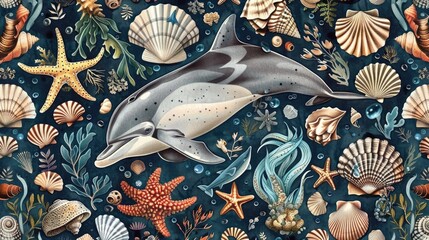 Wall Mural - The dolphin stands out as a radiant character among a seamless pattern of sea inhabitants like seashells algae starfish and other marine wildlife