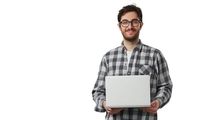 portrait of a man holding a laptop isolated on transparent background, software engine cut out