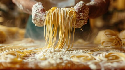 Wall Mural - cook pasta kitchen food fresh hand italian dough preparation flour ingredient chef healthy homemade making raw traditional meal table background