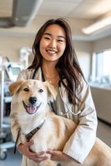 Wall Mural - A woman is holding a dog in a veterinary clinic