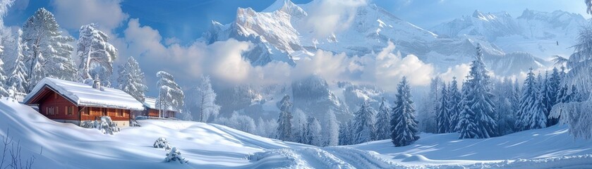 Wall Mural - Winter wonderland cabin in the snowy mountains.