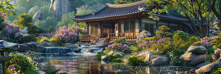 Wall Mural - traditional Korean wooden house nestled in the midst of lush greenery, generative AI