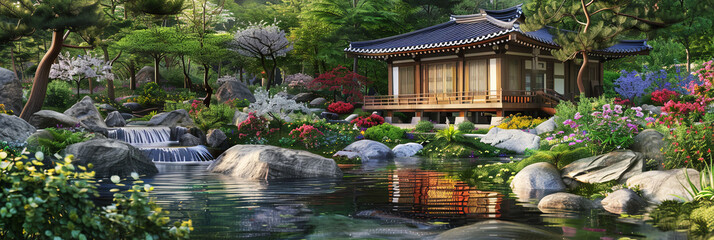 Wall Mural - traditional Korean wooden house nestled in the midst of lush greenery, generative AI