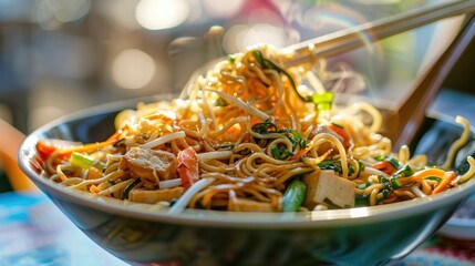 Wall Mural - Delicious Chinese Chow Mein Delight: Vibrant Tofu & Veggie Bowl in Open-Air Market Sunlight | Nikon Z7 II 35mm f/1.8 Close-Up