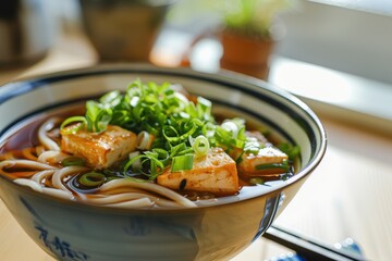 Wall Mural - Gourmet Japanese Miso Udon Bowl with Tofu and Green Onions in Modern Kitchen Setting