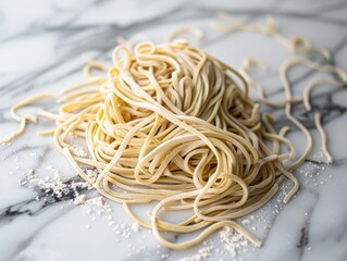 Wall Mural - Vibrant Raw Lo Mein Noodles on Marble Countertop in Modern Kitchen